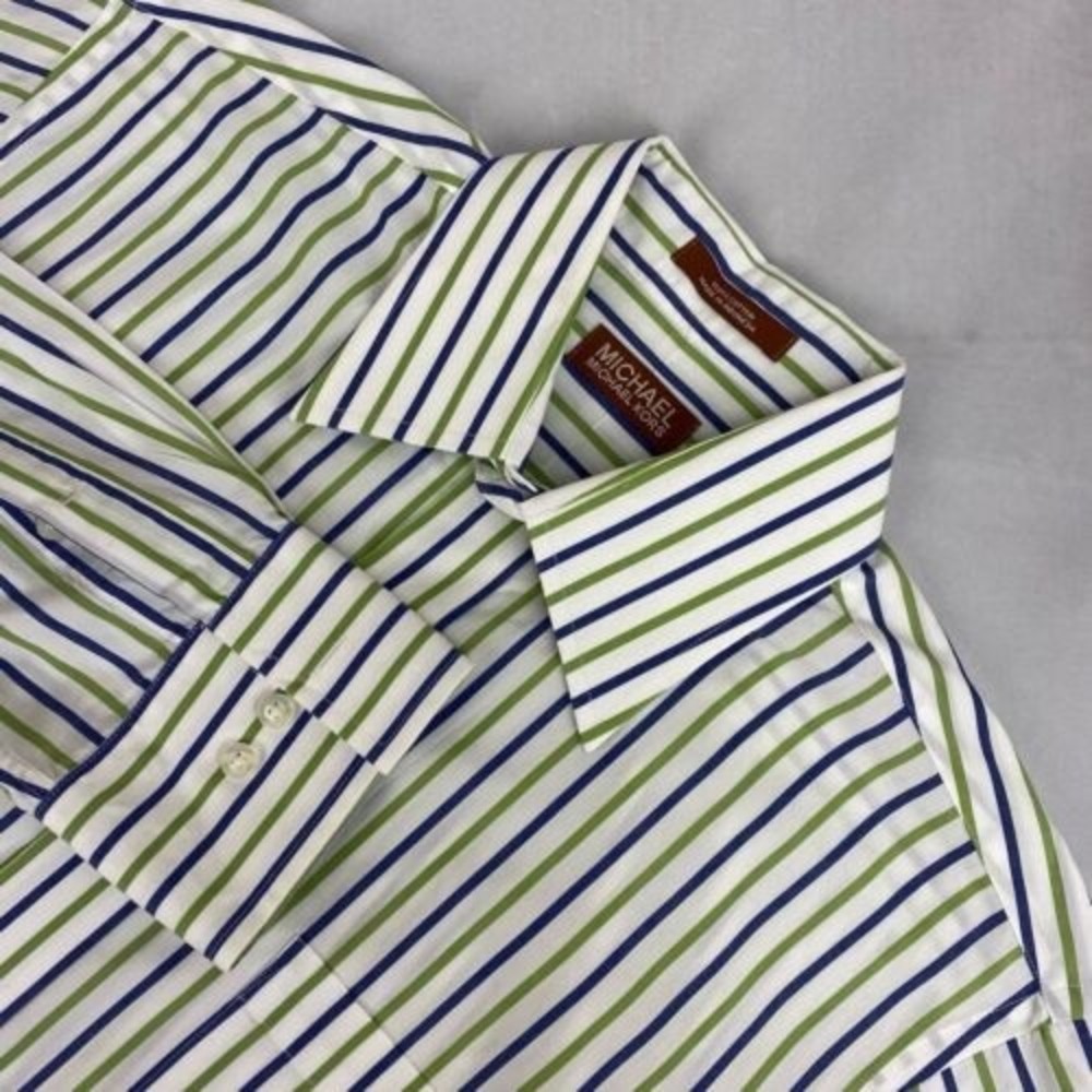 Michael Kors Men's Blue Green Striped Cotton Long Sleeve Button Down Shirt 161/2